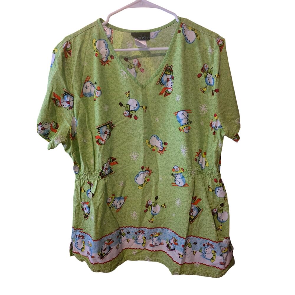 Cherokee Christmas Holiday Scrub Top XL Womens Green Short Sleeve V Neck Medical